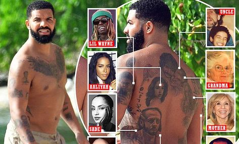 Drake shows tattoo collection with inkings of his producer, family, Lil Wayne, and Sade in Barbados Tattoos Of Family, Drake Tattoos, Old Drake, Rapper Lil Wayne, Drakes Album, Drake Graham, Pusha T, Aubrey Drake, Tattoo Collection