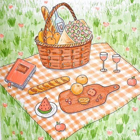 Painting of a pichic theme Painting Aesthetic Picnic, Picnic Composition Drawing, Journal Illustration Art, Picnic Drawing Aesthetic, Picnic Cute Drawing, Picnic Scene Painting, Vintage Picnic Illustration, Picnic Art Illustration, Aesthetic Picnic Basket