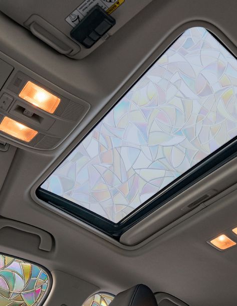 Stained glass style removeable privacy screen for windows, car sunroof, or bathroom. Creates a cool rainbow effect in any room. Car Sunroof Stickers, Stained Glass Car Sunroof, Car Personalization Interior, Stained Glass Sunroof Car, Privacy Screen Bathroom, Car Window Covers, Car Sunroof, Roof Decoration, Glass Window Decals