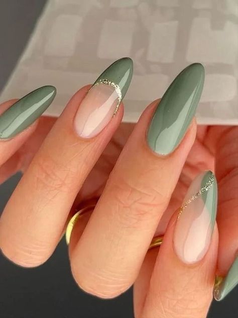 Cute Green Almond Nails, Partial French Tip Nails, Bridal Nails Sage Green, Spring Green Nails 2024, Solid And French Tip Nails, Spring Nails 2023 Green, Dark Green Nails Gel, Green Almond Nail Designs, Cute Almond Nails Design Summer