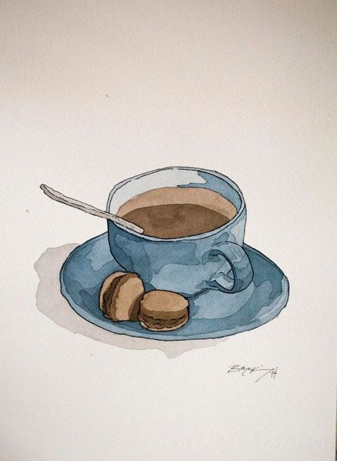 Brindille on Twitter Art Inspo Watercolour, Coffee Mug Drawing, Chocolate Macaroons, Artist Prints, Istoria Artei, Clock Painting, 그림 낙서, Canvas For Beginners, Blue Art Prints