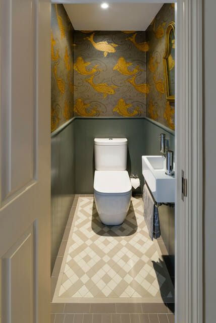 Small Toilet Floor Tiles, Narrow Galley Bathroom Ideas, Small Toilet Design, Cloakroom Toilet, Small Downstairs Toilet, Bilik Air, Bathroom Under Stairs, Downstairs Cloakroom, Toilet Room Decor