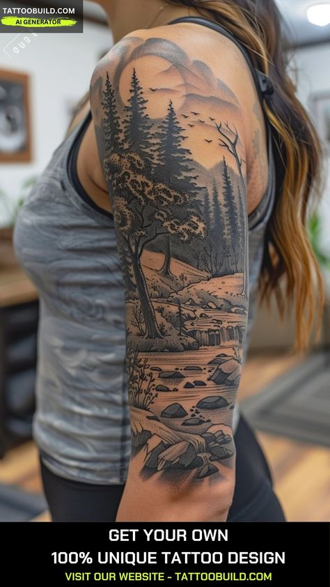 Female Classy Half Sleeve Tattoo Ideas - Tattoo Build Ladies Tattoo Sleeve Ideas, Forest Half Sleeve Tattoo Women, Nature Leg Tattoo Sleeve, Scenery Tattoo Women, Womens Arm Sleeve Tattoo Ideas, Nature Leg Tattoos Women, Sleeve Themes Tattoo Women, Nature Scene Tattoo For Women, Wild West Tattoo Ideas