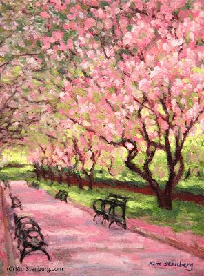 Central Park Spring, Painting Journal, Park Painting, New York City Central Park, Spring Drawing, Cherry Blossom Painting, Impressionistic Art, Monet Paintings, Blossoms Art