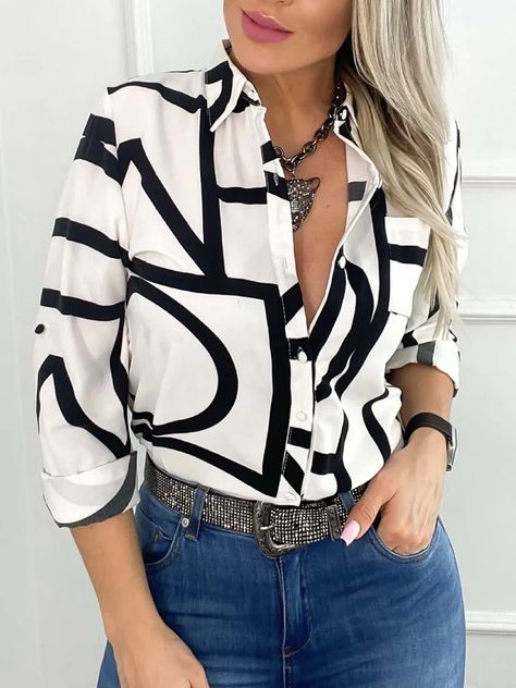 Buy Elegant Blouses and Shirts For Women from Koandaily at Stylewe. Online Shopping Stylewe Long Sleeve Black Orange White Women Blouses And Shirts Shirt Collar Elegant Polyester Elegant Daily Letter Blouses And Shirts, The Best Daily Blouses and Shirts. Discover unique designers fashion at Stylewe Stylish Shirts For Women Casual, Stylish Shirts For Women, Shirts For Women Casual, Print Shirts Women, Shirt Blouses Women's, Women Blouses Fashion, Straight Clothes, Button Long Sleeve, Basic Shirt