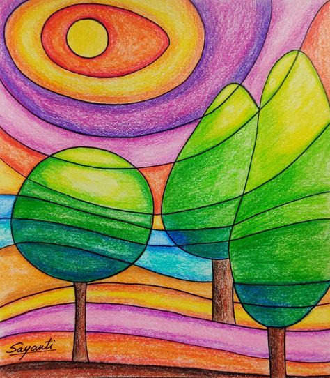 Easy Landscape idea in colour pencil for kids Easy Landscaping Drawing, Color Pencil Doodles Easy, Easy Drawing With Colored Pencils, Drawing Colour Pencil Easy, Drawing Ideas Colour Pencil Beginner, Drawing Ideas Pencil Colour Easy, Colored Pencil Drawing For Beginners, Color Pencil Art Landscape Easy, Pencil Color Drawings Easy