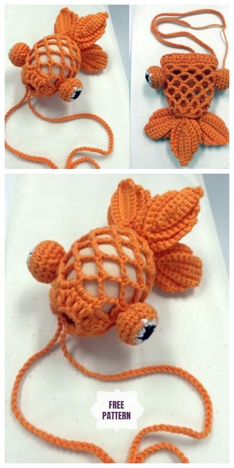Crochet Little Gold Fish Easter Egg Bag Free Crochet Pattern Crochet Fish Bag, Knitting Bag Diy, Crochet Fish Patterns, Fish Bag, Crochet Fish, Free Yarn, Pola Amigurumi, Crochet Hat Free, Crochet Knit Hat