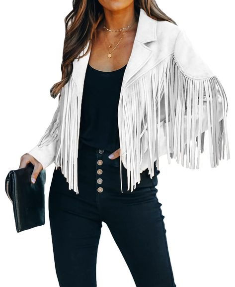 PRICES MAY VARY. No closure Highlight: Notched collar, Long sleeves, Cropped short coat jacket, Full tassel fringe trimming, Ful lined Versatile jacket: This fringe jacket is fitted for spring and fall as daily wear street wear western tassel fringe jacket, weekend going out faux suede fringe jacket outwear, holiday vacation trip faux leather tassel fringe cropped jacket short coat, evening party night club bar western fringe tops cute jacket, Riding biker motorcycle jacket, faux suede moto jacket fall jacket top and so on. Solid color: Black, Brown, Pink, White, Army green, Wine red Size: Please refer to the size chart on photo gallery before purchase Tassel Jacket, Faux Leather Jacket Women, Motorcycle Jacket Women, Faux Suede Moto Jacket, Suede Fringe Jacket, Moto Biker Jacket, Fringe Leather Jacket, Trendy Jackets, Suede Moto Jacket
