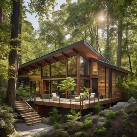 Home In Nature Houses, Modern Getaway House, Modern Cabin Backyard, Modern Homes In The Woods, Modern Mountain Cabins, Small Modern Cabin House Plans, House Close To Road Landscape, Small Houses In The Woods, Modern Home In Forest