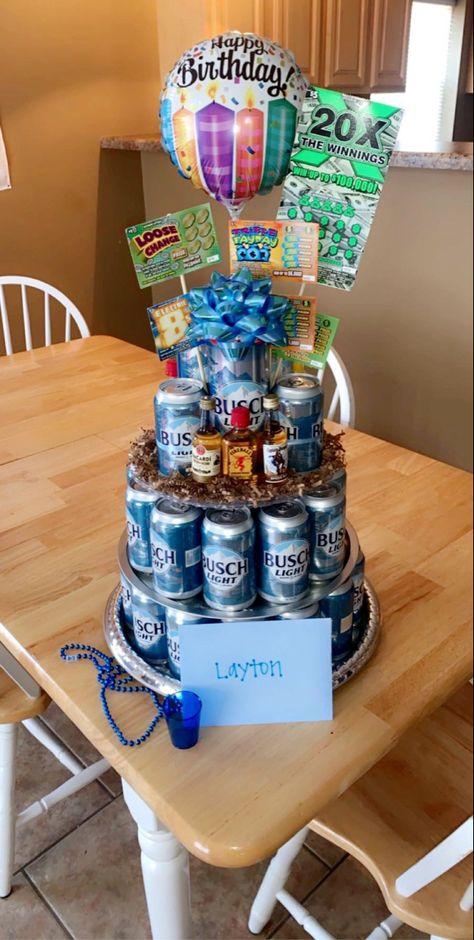 21 Bday Gifts For Boyfriend, Birthday Beer Basket, Homemade Birthday Cake Ideas For Boyfriend, 21st Birthday For Guys Gift, Beer Gift Basket For Men Man Bouquet, 50th Birthday Beer Cake, Smirnoff Cake Birthdays, Beer Can Cakes For Men Diy, Busch Light Cake Beer Cans