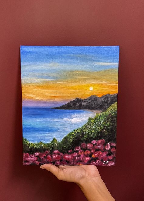 Acrylic Painting Ideas Intermediate, Easy Paintings Square Canvas, Realistic Scenery Painting, 20x20 Painting Ideas, Cute Nature Paintings, Canvas Painting Scenery Easy, Acrylic Paint Scenery, Beautiful Canvas Paintings Acrylics, Europe Painting Easy