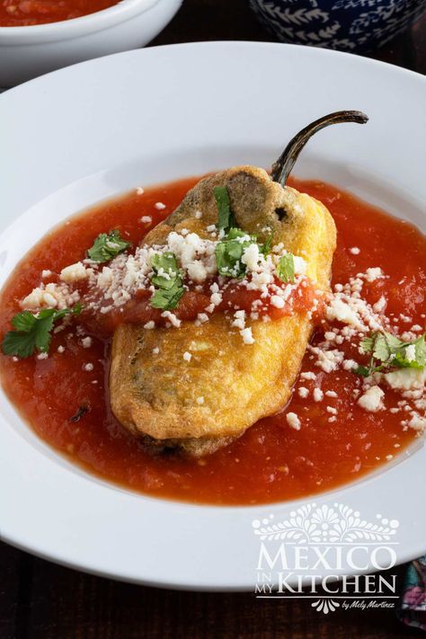 Chile Relleno Recipe New Mexico Chile Rellenos, Crab Stuffed Chili Relleno, Best Chile Relleno Recipe, Authentic South American Recipes, Chile Relleno Soup, Chili Rellenos Recipe, Patti Jinich, Stuffed Chili Relleno Recipe, Mexico In My Kitchen