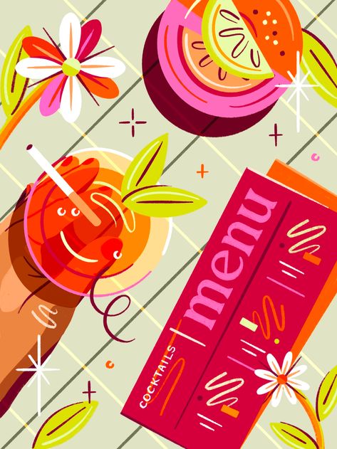 Strawberry Graphic Design Illustrations, Happy Hour Illustration, Cocktail Illustration Graphic Design, Cocktail Graphic Design, Paper Color Palette, Cocktail Branding, Cocktail Wallpaper, Fun Palette, Graphic Design Food