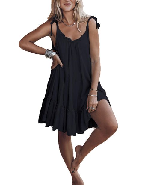 PRICES MAY VARY. Title: Xuehaya Women Cami Dress Low Back Short Sundress Tie Shoulder Distressed Trim Cover Ups(Black XL), X-Large. Product Type: Departments > Women > Clothing > Dresses > Casual Black Boho Dress Short, 85 Degree Weather Outfit Summer, Flowy Outfits, Dress For Womens, Dress Low Back, Boho Dress Short, Short Sundress, Black Boho Dress, Womens Cami