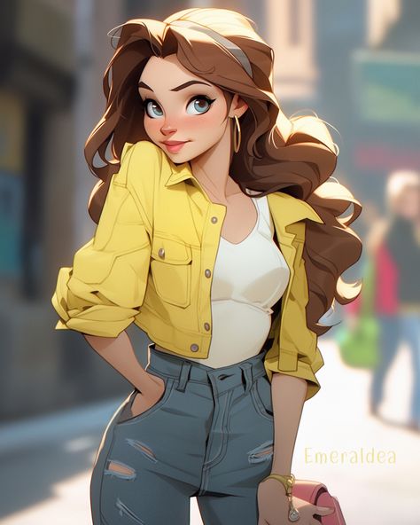 Belle, Beauty and the Beast Disney Princess Art Modern, Modern Belle Outfits, Modern Day Disney Princesses, Modern Disney Princess Outfits, Belle Fanart, Modern Disney Princess, Disney Princess Inspired Outfits, Princesse Disney Swag, Disney Pop Art