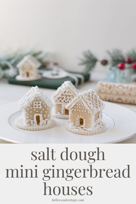 Try making mini gingerbread houses with salt dough! These houses are not edible, but the 3-ingredient salt dough makes creating them a breeze. Shorten the time commitment and get straight to decorating with these tiny salt dough gingerbread houses. Salt Dough Cookie Ornaments, Nativity Salt Dough Ornament, Christmas Crafts Edible, Natal, Salt Dough Decorations Christmas, Salt Dough Snowflakes, Salt Dough Houses How To Make, Christmas Crafts Tutorials, Salt Dough Christmas Village