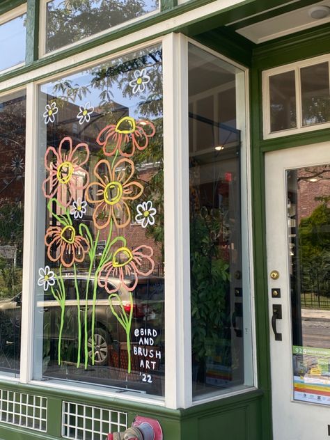 Floral Store Window Display, Mother’s Day Window Painting, Spring Window Ideas, Window Display Painting, Window Display Art, Spring Window Drawing, Spring Window Decor, Cafe Window Art, March Window Display Ideas