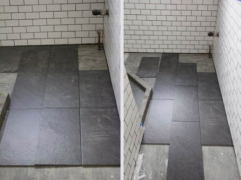 Lowes Galvano Tile 2.30  What's the Best Tile Layout For My Bathroom?: Straight or Staggered? Rectangle Tile Bathroom, Rectangle Tile Floor, 12x24 Tile Patterns, Staggered Tile, Slate Bathroom Floor, Tile Layout Patterns, Bathroom Floor Tile Patterns, Large Floor Tiles, Grey Bathroom Floor