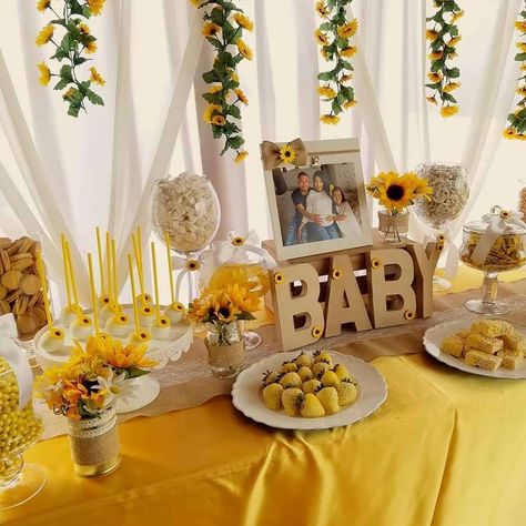 Rustic Sunflower Baby Shower Party Ideas | Photo 2 of 8 | Catch My Party Sunflower Birthday Parties, Sunflower Baby Shower, Girl Shower Themes, Honey Bee Baby Shower, Sunflower Baby Showers, Sunshine Baby Showers, Baby Shower Yellow, Bee Baby Shower Theme, Bumble Bee Baby Shower