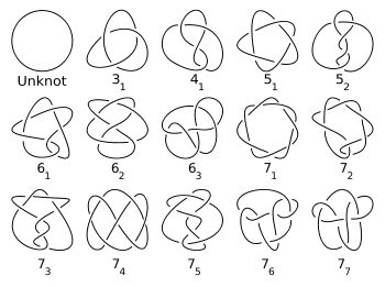 Some of the Weaver's knots Diana Bishop used for her spells in the All Souls Trilogy by Deborah Harkness. See this page for knots with more crossings and details on each knot: http://katlas.math.toronto.edu/wiki/The_Rolfsen_Knot_Table Diana Bishop, Tabel Periodik, Souls Trilogy, Deborah Harkness, Number Theory, Mirror Images, Form Drawing, Overhand Knot, Arts Integration