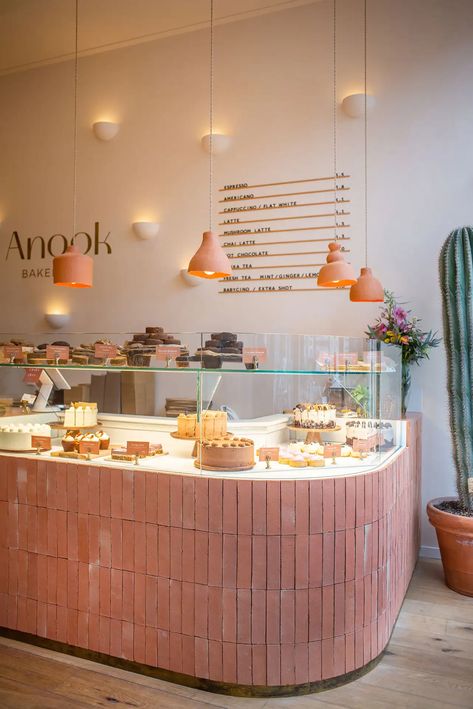 Cake Shop Display Ideas, Boutique Bakery Design, Cafe Counter Ideas Small Spaces, Confectionary Shop Design, Pastry Cafe Interior Design, Bohemian Coffee Shop Interior Design, Dessert Store Design, Dessert Restaurant Aesthetic, Donut Bakery Shop