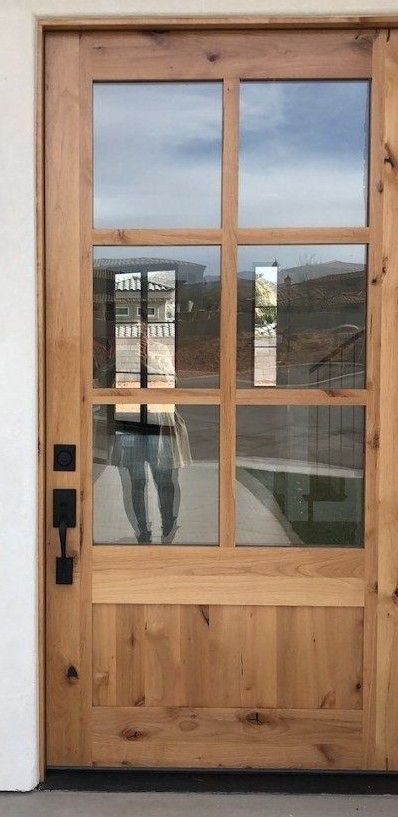 Wood Front Door With Glass Panel, Front Porch With Door On Side, Brown Farmhouse Door, Six Light Front Door, Single Front Door Ideas Farmhouse, Front Doors For Barndominium, Modern Farmhouse Wood Front Door, Cedar Stained Front Door, Rustic Doors Exterior Front Entry Wood