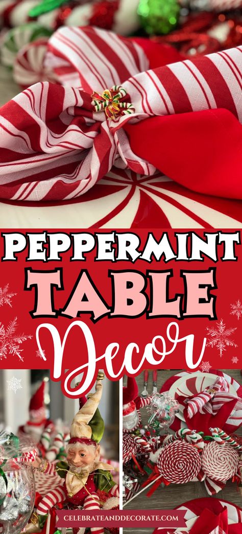 How can a table not be FUN when it is a peppermint tablescape? Just begin by building a centerpiece around all kinds of candy cane ornaments! Tablescape Christmas, Diy Tablescapes, Candy Cane Ornaments, Sweet Thoughts, Canes Decor, Candy Centerpieces, Gingerbread Christmas Decor, Peppermint Christmas, Christmas Dining Room