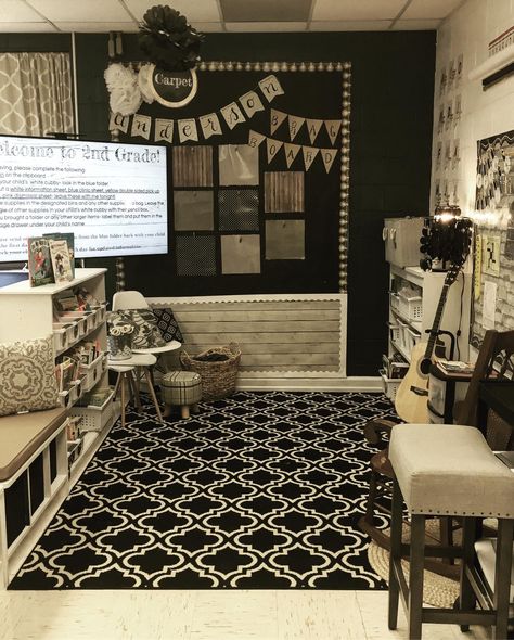 Black Classroom Aesthetic, Bobo Classrooms, Checkerboard Bulletin Board, Black And Brown Classroom Decor, Industrial Chic Classroom Decor, Goth Teacher Classroom, Dark Classroom Decor, Boho Farmhouse Classroom Theme, Dark Boho Classroom