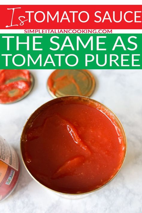 There is no shortage of recipes that call for either tomato sauce or tomato puree, but can you use one instead of the other? Is tomato sauce the same as tomato puree, and if not what’s the difference? These are just a few questions we’re going to tackle in this article. Although tomato sauce and tomato puree are similar in texture and appearance, there are some differences that can make or break your recipe. | @simpleitalian Pasta Sauces, Types Of Pasta Sauce, Recipe Using Tomatoes, How To Make Tomato Sauce, How To Make Sauce, Italian Cooking Recipes, Italian Pasta Sauce, Tomato Puree, Classic Italian Dishes