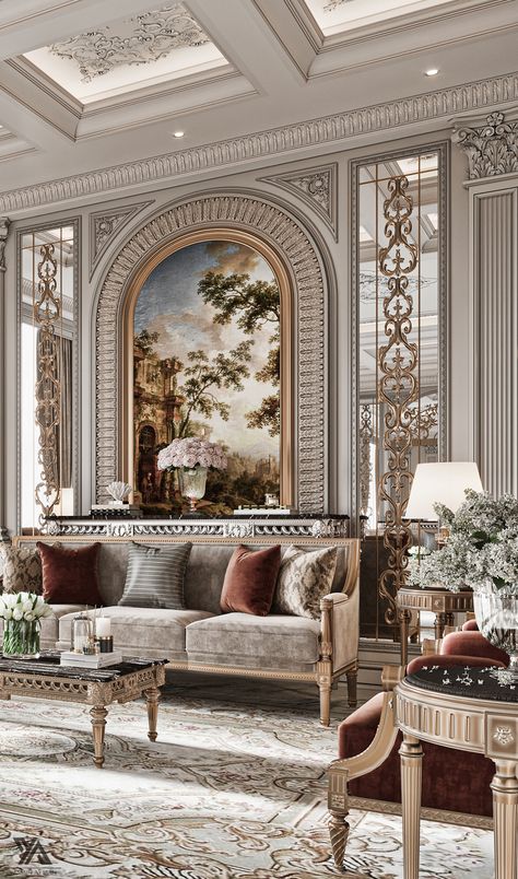 Classic Majlis on Behance Classic Wall Decor Living Room, Luxury Classic Living Room Design, Classical Interior Design Luxury, Classic Majlis Interior Design, Classical Living Room Design Luxury, French Classic Interior Design, French Classic Interior, Classic Majlis, Classic Dining Room Design