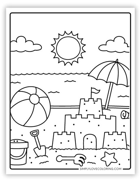 Free summer coloring pages are the perfect activity for homeschooling, classrooms, teachers, kids' activities, and educational activities. Colouring Pages For Kindergarten, Coloring Pages Summer Aesthetic, Ocean Coloring Pages Preschool, Sandcastle Coloring Page, Summer Time Coloring Pages, Beach Theme Coloring Pages, Beach House Activities, Beach Themed Coloring Pages, Summer Camp Coloring Pages