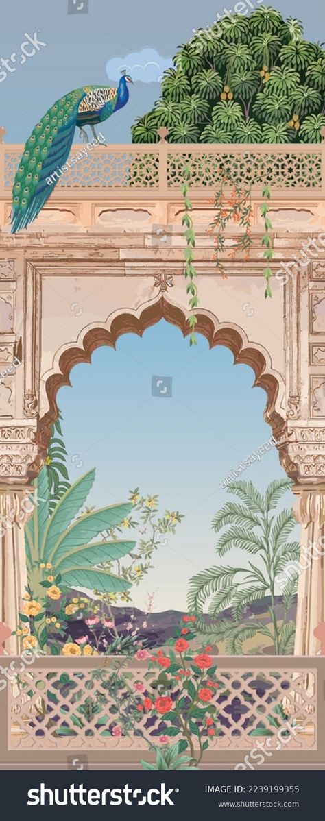 Mughal Garden Painting, Mughal Garden Illustration, Mughal Theme Decor, Mughal Art Paintings Illustrations, Mughal Wallpaper, Krishna Background, Palace Illustration, Peacock Background, Peacock Illustration