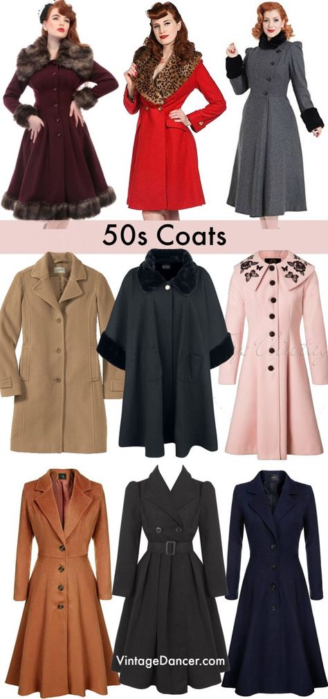 1950s coats, pin up coats, vintage swing coats, winter coats and outerwear at vintagedancer.com Moda Over 50, 1950s Jacket, Moda Over 40, Coats Vintage, Womens Fashion Casual Fall, Fashion 1950s, Womens Fashion Casual Spring, Womens Fashion Casual Summer, Swing Coats