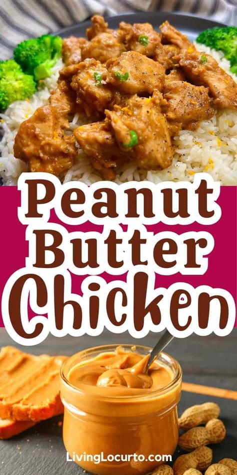 Easy peanut butter chicken recipe with Thai peanut sauce served over rice and with a side of broccoli. This one pan chicken is a sweet and spicy easy dinner you can cook in less than 30 minutes! African Peanut Butter Chicken, Chicken With Peanut Sauce Easy, Instant Pot Peanut Butter Chicken, Peanut Butter Chicken Crockpot, Chicken Peanut Butter Recipes, Peanut Butter Sauce For Chicken, Chinese Peanut Butter Chicken, Peanut Butter Dinner Recipes, Pb Chicken