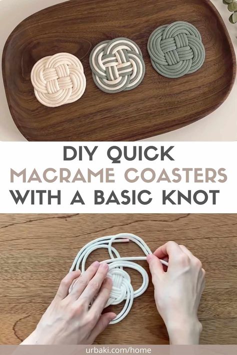 Macrame Diy Coasters, Easy Macrame Coasters, Macrame Coaster Pattern, Easy Diy Macrame Gifts, Macrame Quick Projects, Yarn Coasters Diy, Knotted Gifts, Coaster Macrame Tutorial, Diy Macrame Coasters Tutorial