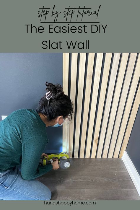 A Slat wall is a great beginner project. Don't be afraid to try this weekend project Vertical Slats Wall, Wall Behind Tv, Black Accent Walls, Slate Wall, Wall Paneling Diy, Wood Slat Wall, Diy Accent Wall, Wood Accent Wall, Accent Walls In Living Room