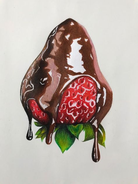 Strawberry In Chocolate Drawing, Realistic Drawings Food, Dessert Drawing Realistic, Colored Pencil Artwork Ideas, Chocolate Drawing, Strawberry Drawing, Fruit Art Drawings, Doing Art, Desen Realist