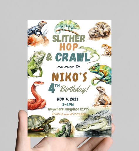 Slither, hop, and crawl on over reptile theme birthday party invitation, snakes, lizards, gator, edit to any age, printable, digital Reptile Zoo Birthday Party, Snake Birthday Party Invitations, Snake Themed Birthday Party, Alligator Turtle, Groovy Theme, Wild Kratts Birthday Party, Alligator Birthday, Snake Birthday, Wild Kratts Birthday