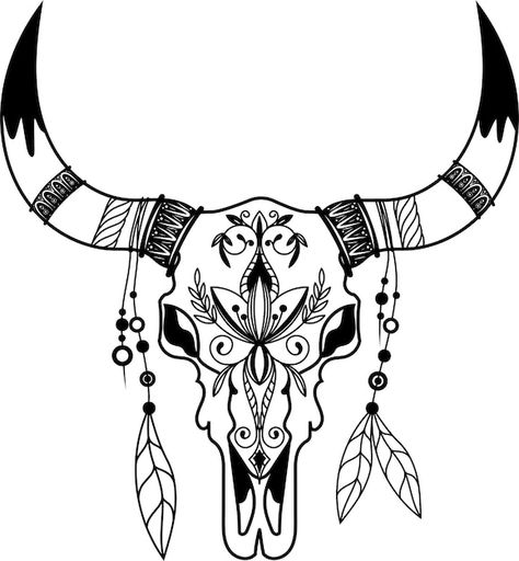 Cow skull boho style animal skull vector... | Premium Vector #Freepik #vector #bull-skull #cow-skull #tattoo-art #bullhorn Easy Animal Skull Drawing, Indian Headdress Tattoo, Animal Skull Drawing, Cow Skull Tattoos, Western Cow Skull, Tattoo Indian, Burned Hats, Headdress Tattoo, Bull Skull Tattoos