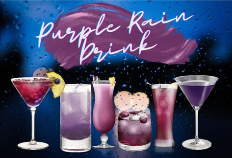 Purple Rain Drink and All Drinks Purple – Advanced Mixology Prince The Singer, Purple Signature Drinks, Purple Rain Drink, Grape Vodka, Melon Lemonade, Cocktail Bar Design, Purple Drinks, Cocktail Names, Purple Cocktails