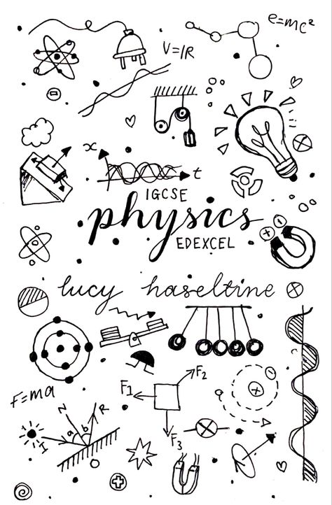 Physics Art Science Ideas, Physics Doodle Art, Physics Binder Cover, Physics Aesthetic Drawings, Physic Notebook Cover, Physics Notebook Design, Cover Page For Project Physics, Cute Physics Doodles, Physics Project Cover Page Ideas Aesthetic