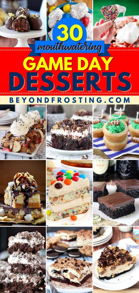 30 Mouthwatering Game Day Desserts, football party food, easy game day snacks, dessert ideas, homegating, tailgating Game Day Food Sweets, Easy Dessert For Football Party, Best Tailgating Desserts, Dessert For Game Day, Tailgate Food Sweets, Desserts For Tailgating Football Parties, Fun Party Dessert Ideas, Sweets For Football Party, Tail Gate Desserts Football Season