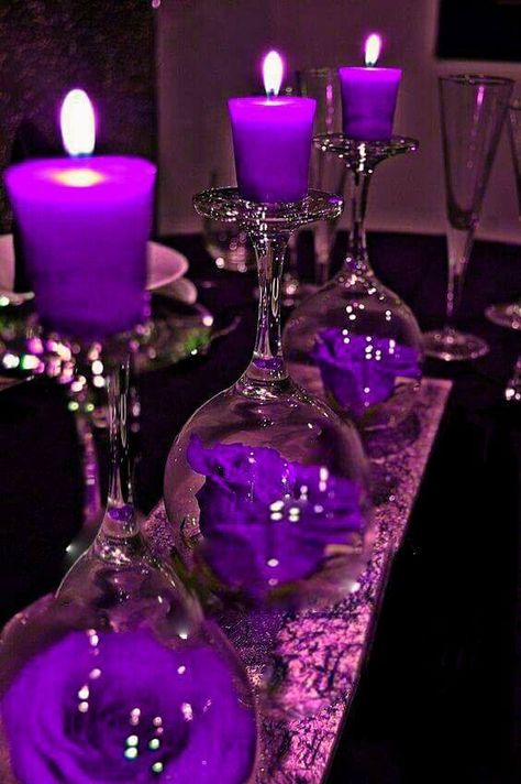 Purple Black Wedding, Purple Table Settings, Diy Centerpieces Wedding Cheap, Royal Purple Wedding, Purple Sweet 16, Purple Party Decorations, Black Centerpieces, Sweet 16 Centerpieces, Purple Wedding Centerpieces