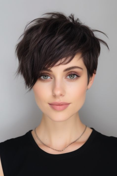 Turn heads with a sleek charcoal shag pixie. You’ll love the smoky, mysterious vibes this dark shade gives you. Click here to check out more trending shaggy pixie cut ideas for 2023. Dark Undercut Pixie, Uneven Pixie Haircut, Women’s Short Pixie Haircuts, Pixie Hairstyles Front And Back View, Shaggy Undercut Pixie, Textured Undercut Pixie, Spunky Pixie Haircut, Long Pixie Haircut For Thick Hair Messy, Pixie Cuts For 2024