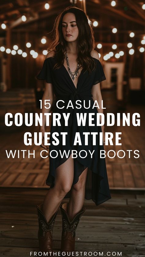 a woman wears casual wedding guest attire, western outfits Cocktail Dress With Western Boots, Cowboy Wedding Attire For Guests, Western Theme Wedding Outfit, Country Formal Outfits Womens Fashion, Country Guest Wedding Outfit, Country Dresses With Cowboy Boots Casual, Mother Of The Bride Cowboy Boots, Western Outfit Dress And Boots, Country Wedding Dresses Guest What To Wear