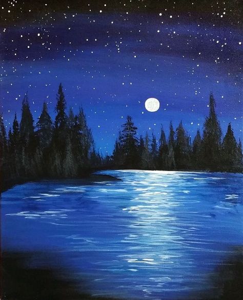 40 Acrylic Painting Ideas For Beginners Night Painting Moonlight Easy, Lake At Night Painting, Night Lake Painting, Night Drawing Moonlight, Landscape Paintings Night, Night Painting Moonlight, Paint Nite Ideas, Lake Canvas Painting, Sip And Paint Ideas For Beginners