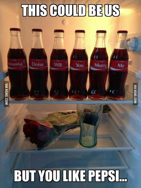 This could be us... Hahahaha this made me LOL idk why Coke vs Pepsi Marriage Proposals, 4 Panel Life, Creative Proposals, Coca Cola Bottles, Mary I, Coke Bottle, Wedding Proposal, Kikkoman Soy Sauce, Soy Sauce Bottle