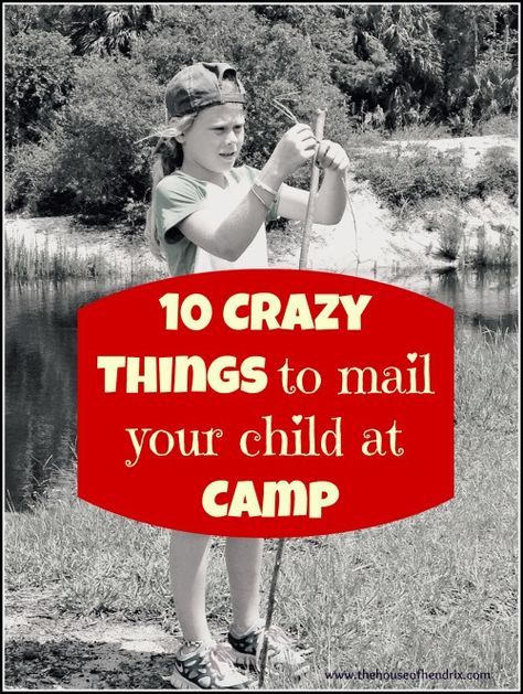 10 Crazy Things to mail your child at Sleep Away Camp [ the House of Hendrix ]  This has inspired a care package for me to send my old camp buddy who is all grown with kids of her own! Camp Mail Ideas, Camp Mystic, Camp Ozark, Camp Longhorn, Summer Camp Care Package, Sleep Away Camp, Camp Letters, Camp Packing, Camp Care Packages