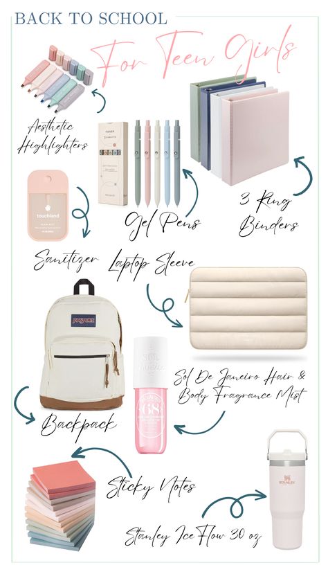 Aesthetic back to school shopping list for teen girls 2023-2024 Cute Thing For School, School Must Haves Aesthetic, Back To School Stuff Aesthetic, Must Have In School Bag, Back To School Shopping List Aesthetic, Amazon Finds School Edition, Items For School Bag, Pretty School Bags, Girl Stuff To Buy