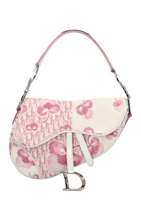 Pink And White Dior Bag, White And Pink Purse, White Bag Designer, Dior Saddle Bag Silver Hardware, Cute Purses Designer, Dior Pink Saddle Bag, Vintage Dior Shoulder Bag, Silver Pink Jewelry, Unique Designer Bags